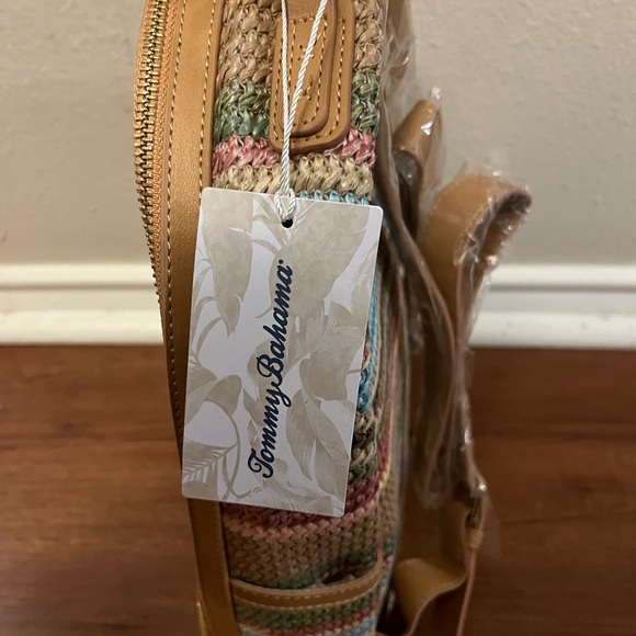 NEW NWT TOMMY BAHAMA Straw-Striped Backpack MULTI COLOR Brown Pink Zip Around - Picture 5 of 10